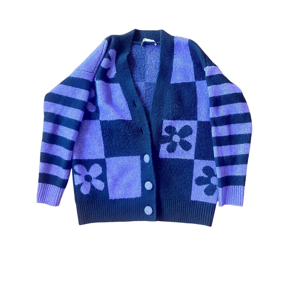 💜 Zara Checked Floral Cardigan Purple Black Small Distressed 💜